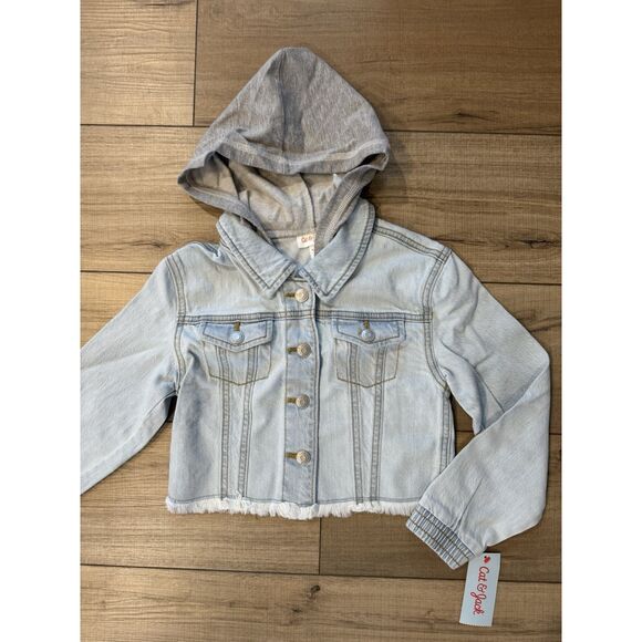 Girls Hooded Jean Jacket Cat & Jack Light Wash Blue NWT L Large 10 12 - Picture 2 of 4